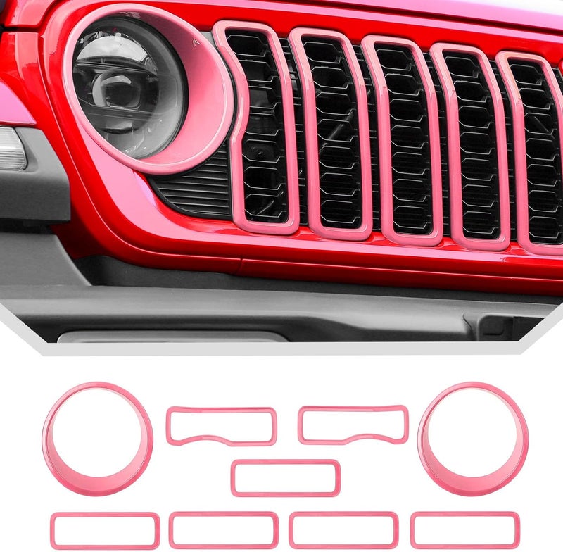 JeCar إدخالات الشواية الوردية لسيارات جيب رانجلر JL JLU 2024 2025+ أغطية الشواية وأغطية المصابيح الأمامية مجموعة ملحقات الزينة - Image 1